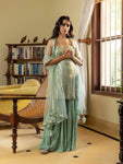 Buy stunning pista green embroidered sharara suit online in USA with dupatta. Dazzle on weddings and special occasions with exquisite Indian designer dresses, sharara suits, Anarkali suits, wedding lehengas from Pure Elegance Indian fashion store in USA.-full view