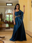 Buy beautiful navy blue asymmetric gown online in USA with embellished belt. Dazzle on weddings and special occasions with exquisite Indian designer dresses, sharara suits, Anarkali suits, wedding lehengas from Pure Elegance Indian fashion store in USA.-full view