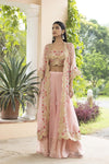 Shop beautiful salmon pink palazzo crop top online in USA with embroidered cape. Dazzle on weddings and special occasions with exquisite Indian designer dresses, sharara suits, Anarkali suits, wedding lehengas from Pure Elegance Indian fashion store in USA.-full view