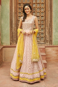 Buy stunning powder pink embroidered Banarasi Anarkali suit online in USA. Dazzle on weddings and special occasions with exquisite Indian designer dresses, sharara suits, Anarkali suits, wedding lehengas from Pure Elegance Indian fashion store in USA.-full view