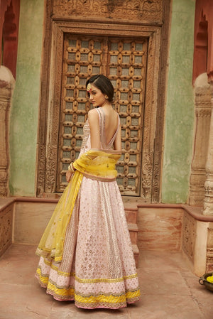 Buy stunning powder pink embroidered Banarasi Anarkali suit online in USA. Dazzle on weddings and special occasions with exquisite Indian designer dresses, sharara suits, Anarkali suits, wedding lehengas from Pure Elegance Indian fashion store in USA.-back