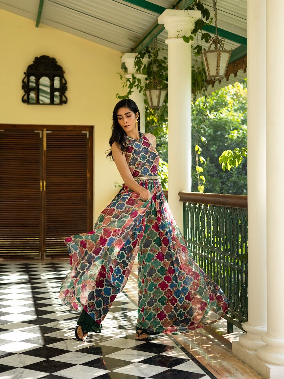 Shop stunning multicolor flared jumpsuit online in USA with embroidered belt. Dazzle on weddings and special occasions with exquisite Indian designer dresses, sharara suits, Anarkali suits, wedding lehengas from Pure Elegance Indian fashion store in USA.-full view