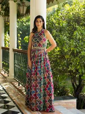 Shop stunning multicolor flared jumpsuit online in USA with embroidered belt. Dazzle on weddings and special occasions with exquisite Indian designer dresses, sharara suits, Anarkali suits, wedding lehengas from Pure Elegance Indian fashion store in USA.-jumpsuit