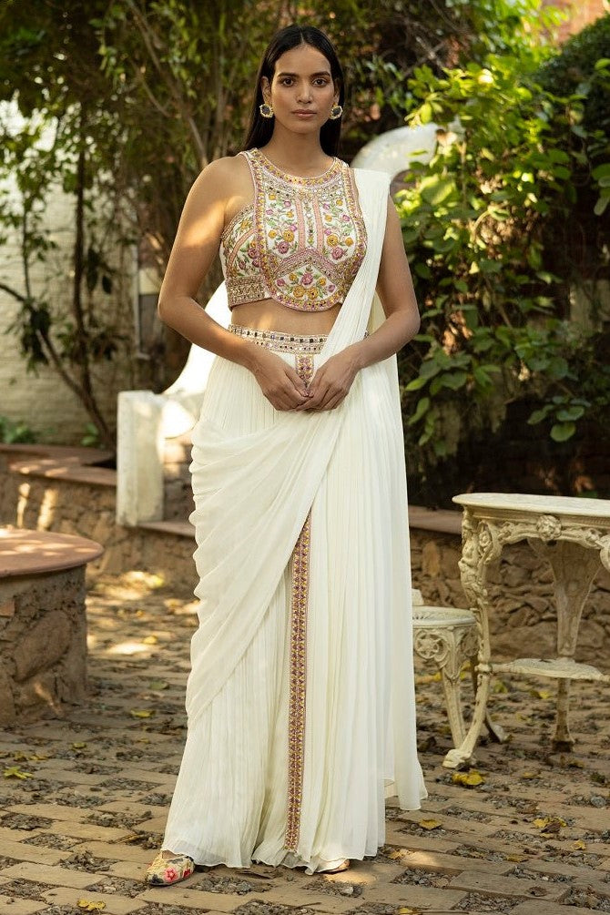 50Z487-RO Pearl White Embroidered Draped Pant Saree