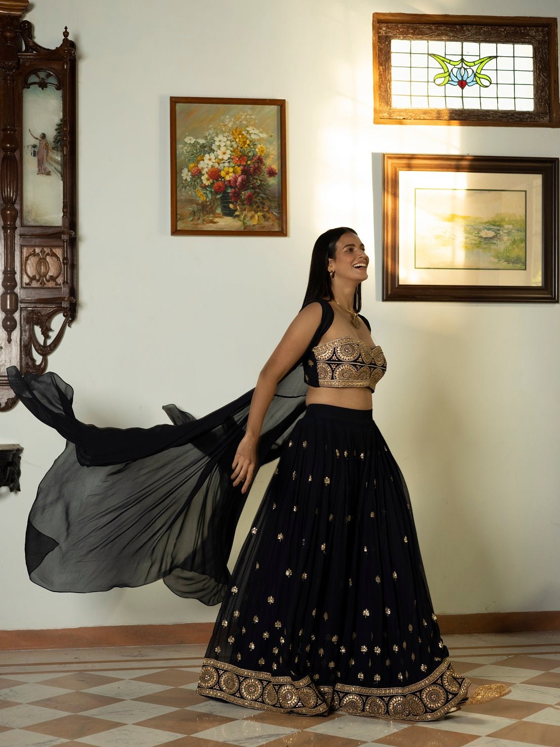 Buy beautiful midnight blue embroidered bustier and sharara online in USA with cape. Dazzle on weddings and special occasions with exquisite Indian designer dresses, sharara suits, Anarkali suits, wedding lehengas from Pure Elegance Indian fashion store in USA.-side