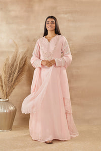 Shop beautiful powder pink organza Anarkali suit online in USA with dupatta. Dazzle on weddings and special occasions with exquisite Indian designer dresses, sharara suits, Anarkali suits, wedding lehengas from Pure Elegance Indian fashion store in USA..-full view