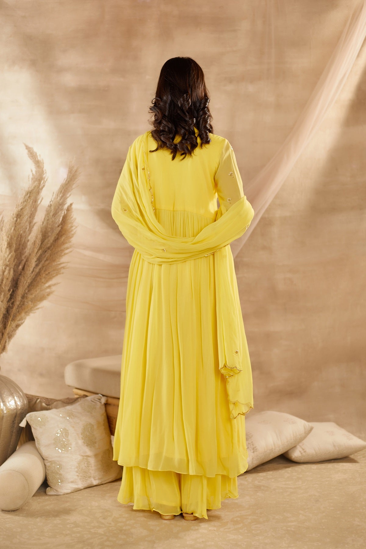 Shop beautiful yellow embroidered georgette Anarkali suit online in USA with dupatta. Dazzle on weddings and special occasions with exquisite Indian designer dresses, sharara suits, Anarkali suits, wedding lehengas from Pure Elegance Indian fashion store in USA.-back