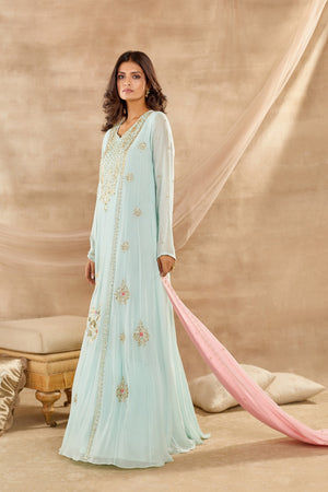 Shop stunning aqua blue embroidered georgette full sleeves Anarkali suit online in USA with dupatta. Dazzle on weddings and special occasions with exquisite Indian designer dresses, sharara suits, Anarkali suits, wedding lehengas from Pure Elegance Indian fashion store in USA.-side