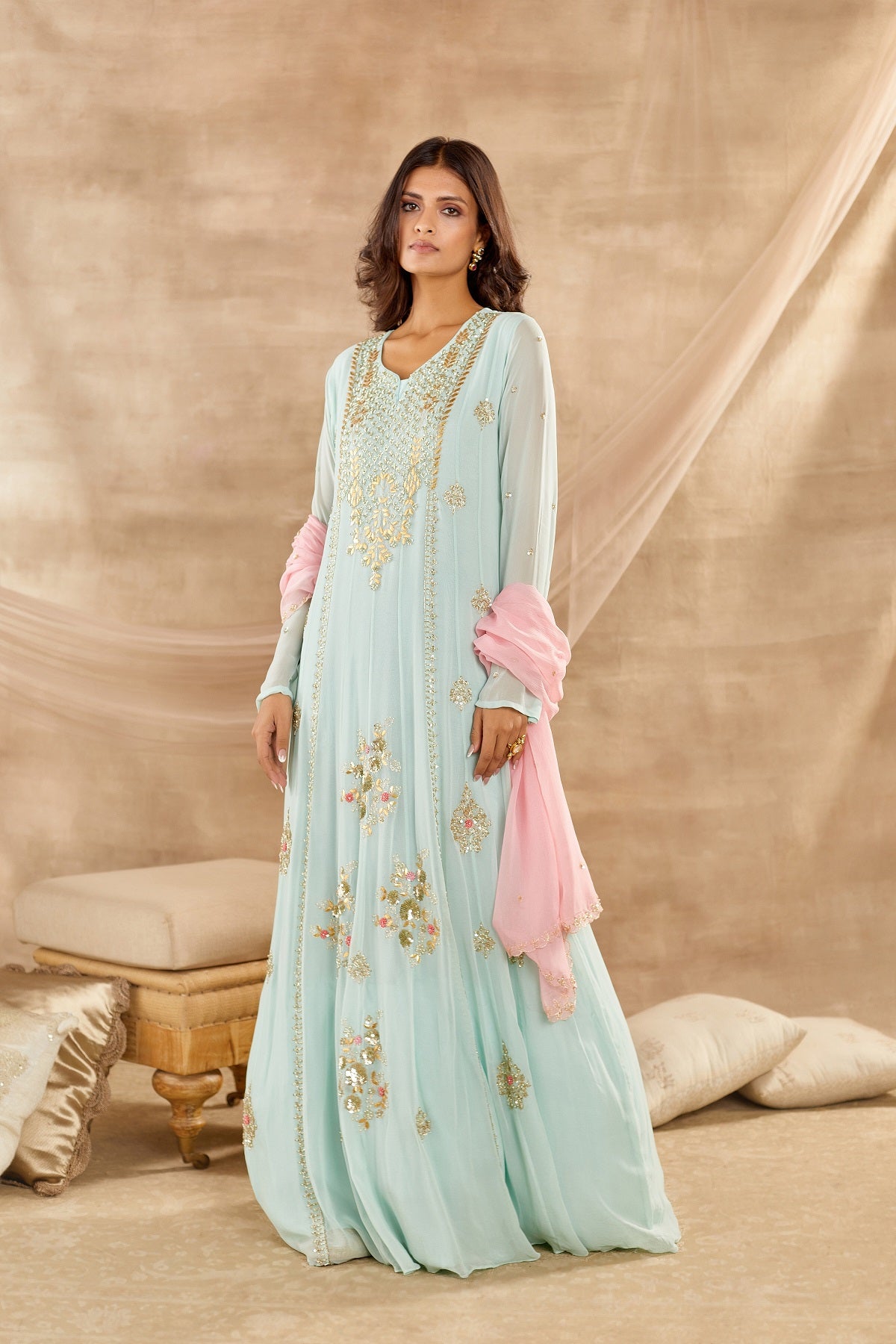 Shop stunning aqua blue embroidered georgette full sleeves Anarkali suit online in USA with dupatta. Dazzle on weddings and special occasions with exquisite Indian designer dresses, sharara suits, Anarkali suits, wedding lehengas from Pure Elegance Indian fashion store in USA.-front