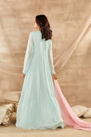 50Z508-RO Aqua Blue Embroidered Full Sleeves Anarkali Suit