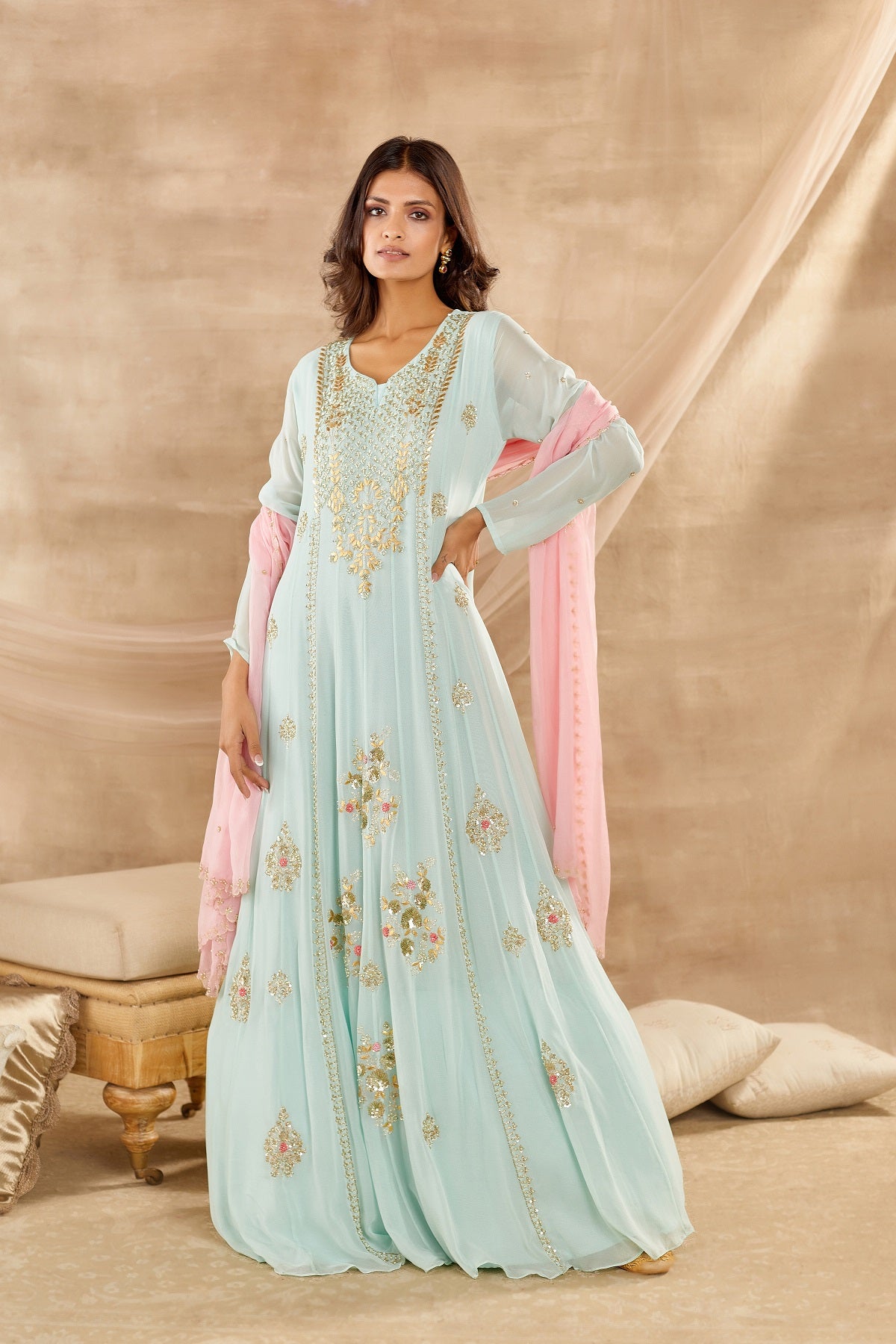 Shop stunning aqua blue embroidered georgette full sleeves Anarkali suit online in USA with dupatta. Dazzle on weddings and special occasions with exquisite Indian designer dresses, sharara suits, Anarkali suits, wedding lehengas from Pure Elegance Indian fashion store in USA.-full view