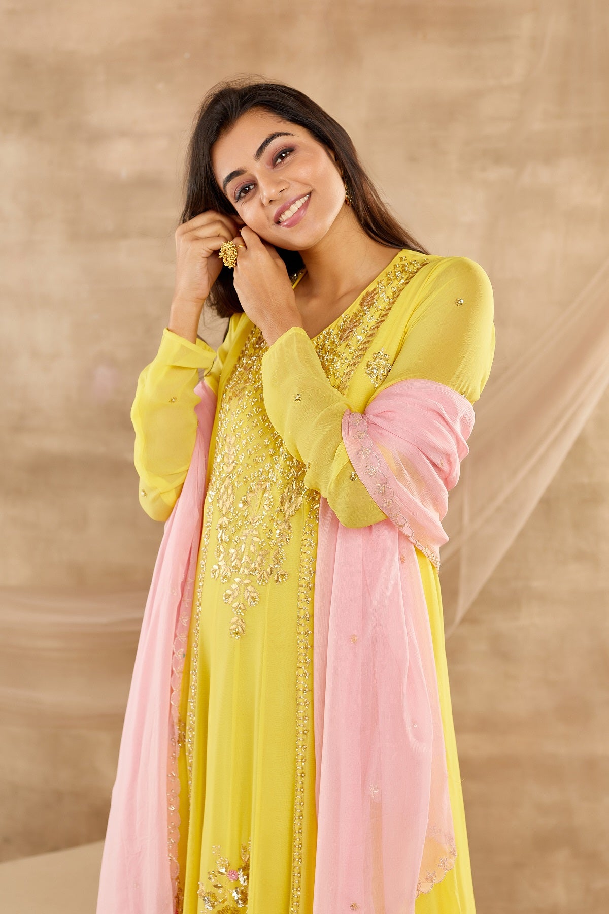 Buy beautiful mango yellow embroidered georgette full sleeves Anarkali suit online in USA with dupatta. Dazzle on weddings and special occasions with exquisite Indian designer dresses, sharara suits, Anarkali suits, wedding lehengas from Pure Elegance Indian fashion store in USA.-front