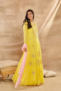 Buy beautiful mango yellow embroidered georgette full sleeves Anarkali suit online in USA with dupatta. Dazzle on weddings and special occasions with exquisite Indian designer dresses, sharara suits, Anarkali suits, wedding lehengas from Pure Elegance Indian fashion store in USA.-full view
