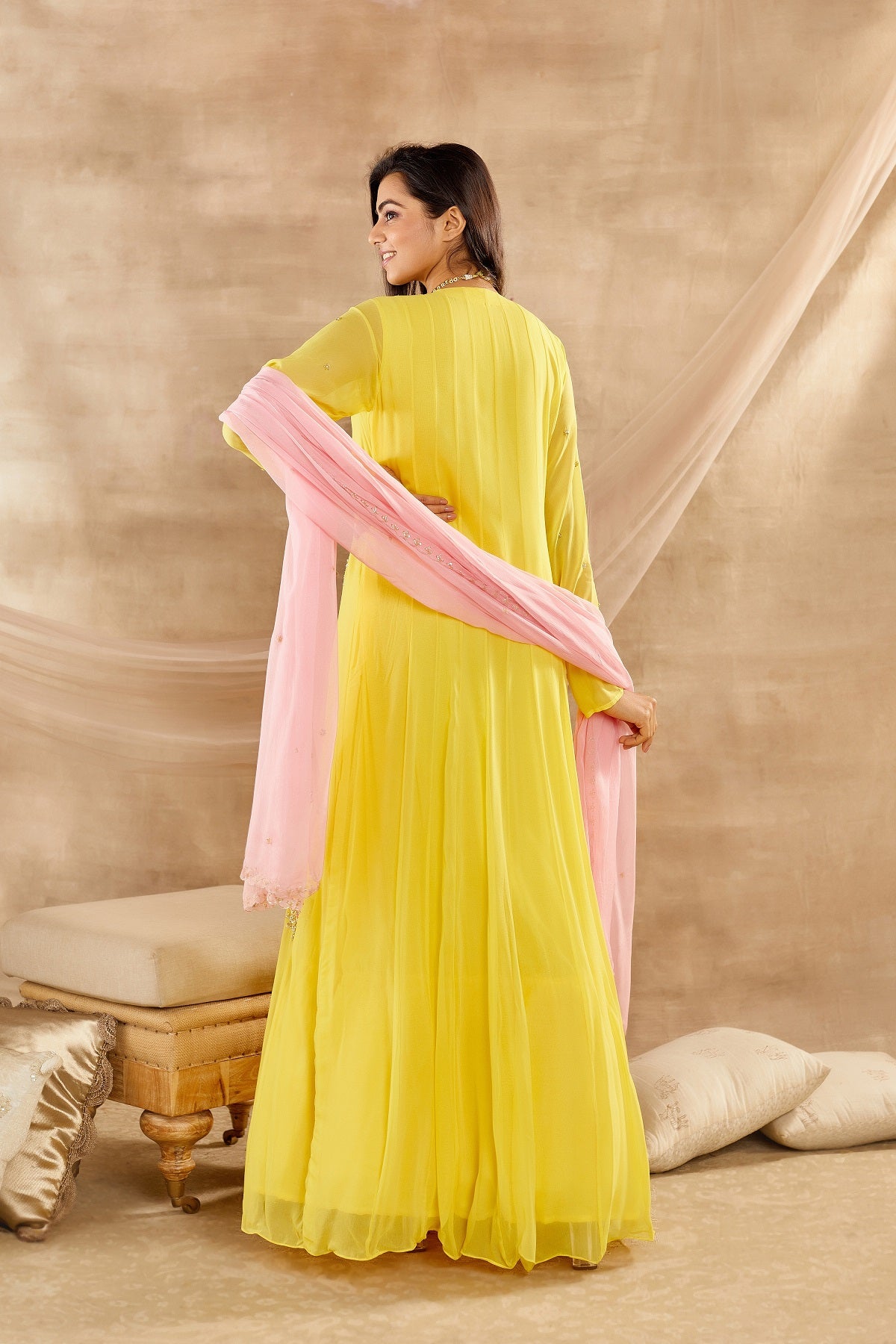 Buy beautiful mango yellow embroidered georgette full sleeves Anarkali suit online in USA with dupatta. Dazzle on weddings and special occasions with exquisite Indian designer dresses, sharara suits, Anarkali suits, wedding lehengas from Pure Elegance Indian fashion store in USA.-back
