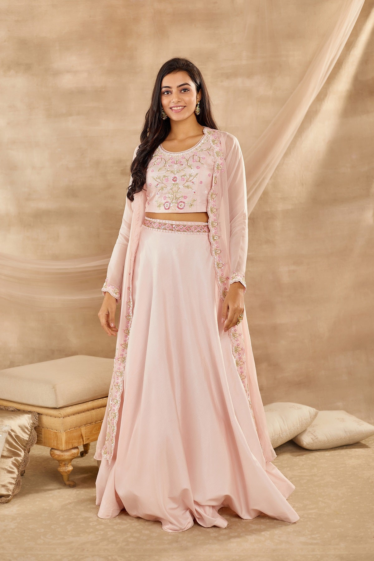 Buy powder pink embroidered organza lehenga with online in USA with dupatta. Dazzle on weddings and special occasions with exquisite Indian designer dresses, sharara suits, Anarkali suits, wedding lehengas from Pure Elegance Indian fashion store in USA.-full view