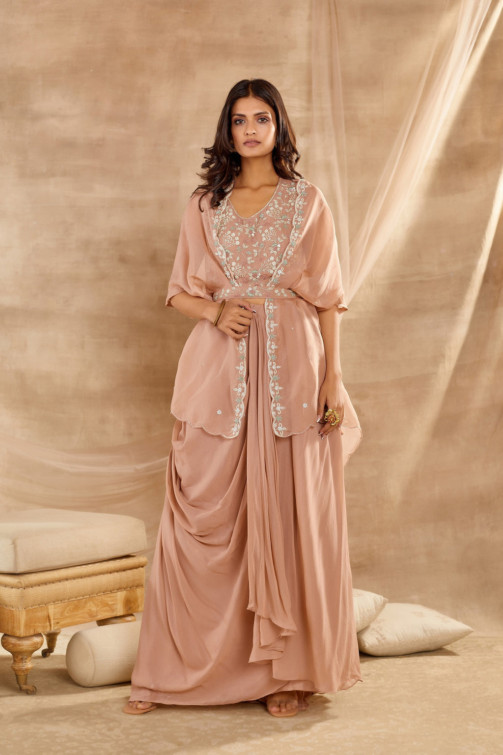 Buy stunning peach contemporary co-ord set with online in USA. Dazzle on weddings and special occasions with exquisite Indian designer dresses, sharara suits, Anarkali suits, wedding lehengas from Pure Elegance Indian fashion store in USA.-full view
