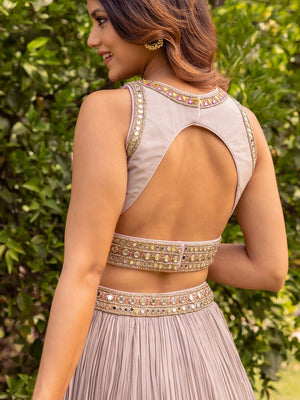 Buy stunning grey flared mirror work lehenga online in USA with pink dupatta. Dazzle on weddings and special occasions with exquisite Indian designer dresses, palazzo suits, Anarkali suits, wedding lehengas from Pure Elegance Indian fashion store in USA.-blouse back