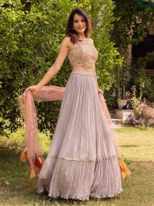 Buy stunning grey flared mirror work lehenga online in USA with pink dupatta. Dazzle on weddings and special occasions with exquisite Indian designer dresses, palazzo suits, Anarkali suits, wedding lehengas from Pure Elegance Indian fashion store in USA.-full view