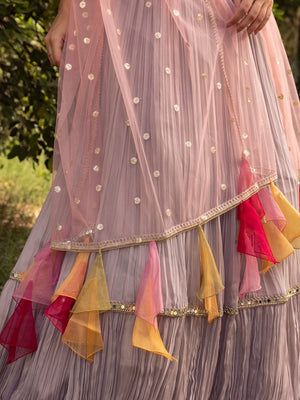 Buy stunning grey flared mirror work lehenga online in USA with pink dupatta. Dazzle on weddings and special occasions with exquisite Indian designer dresses, palazzo suits, Anarkali suits, wedding lehengas from Pure Elegance Indian fashion store in USA.-dupatta
