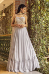 Buy stunning grey georgette strappy lehenga online in USA with dupatta. Dazzle on weddings and special occasions with exquisite Indian designer dresses, palazzo suits, Anarkali suits, wedding lehengas from Pure Elegance Indian fashion store in USA.