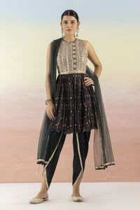 Shop black printed embroidered peplum kurta with dhoti online in USA and dupatta. Make a fashion statement on festive occasions and weddings with designer suits, Indian dresses, Anarkali suits, palazzo suits, designer gowns, sharara suits from Pure Elegance Indian fashion store in USA.-full view