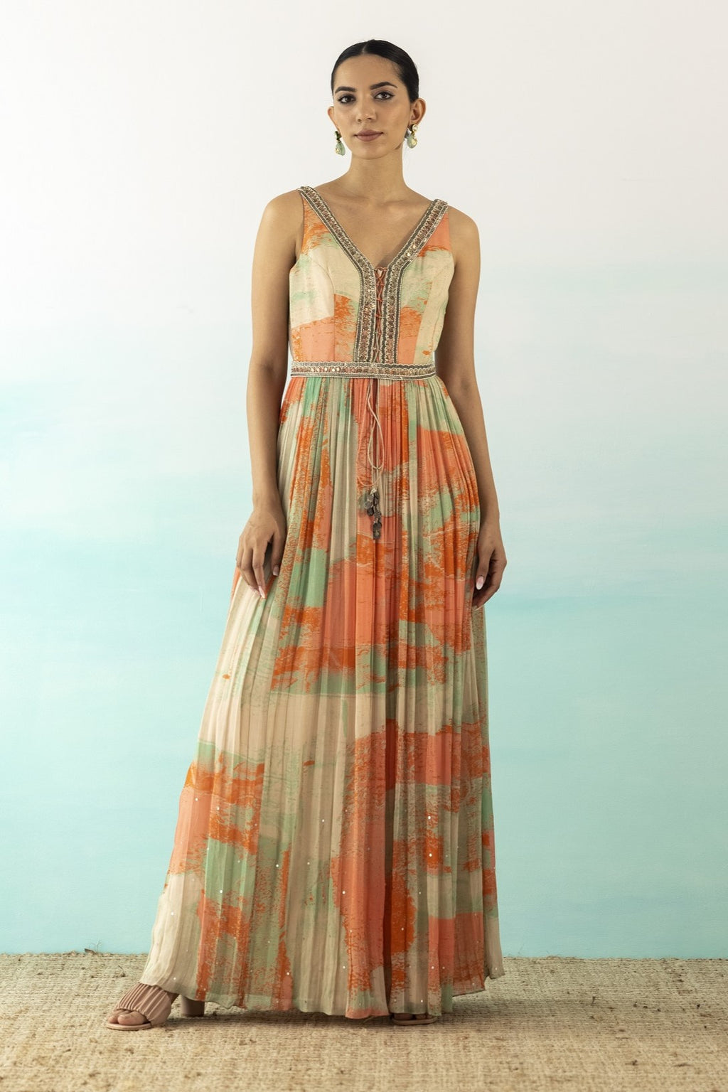 Buy stunning multicolor printed V-neck maxi dress online in USA. Make a fashion statement on festive occasions and weddings with designer suits, Indian dresses, Anarkali suits, palazzo suits, designer gowns, sharara suits from Pure Elegance Indian fashion store in USA.-full view