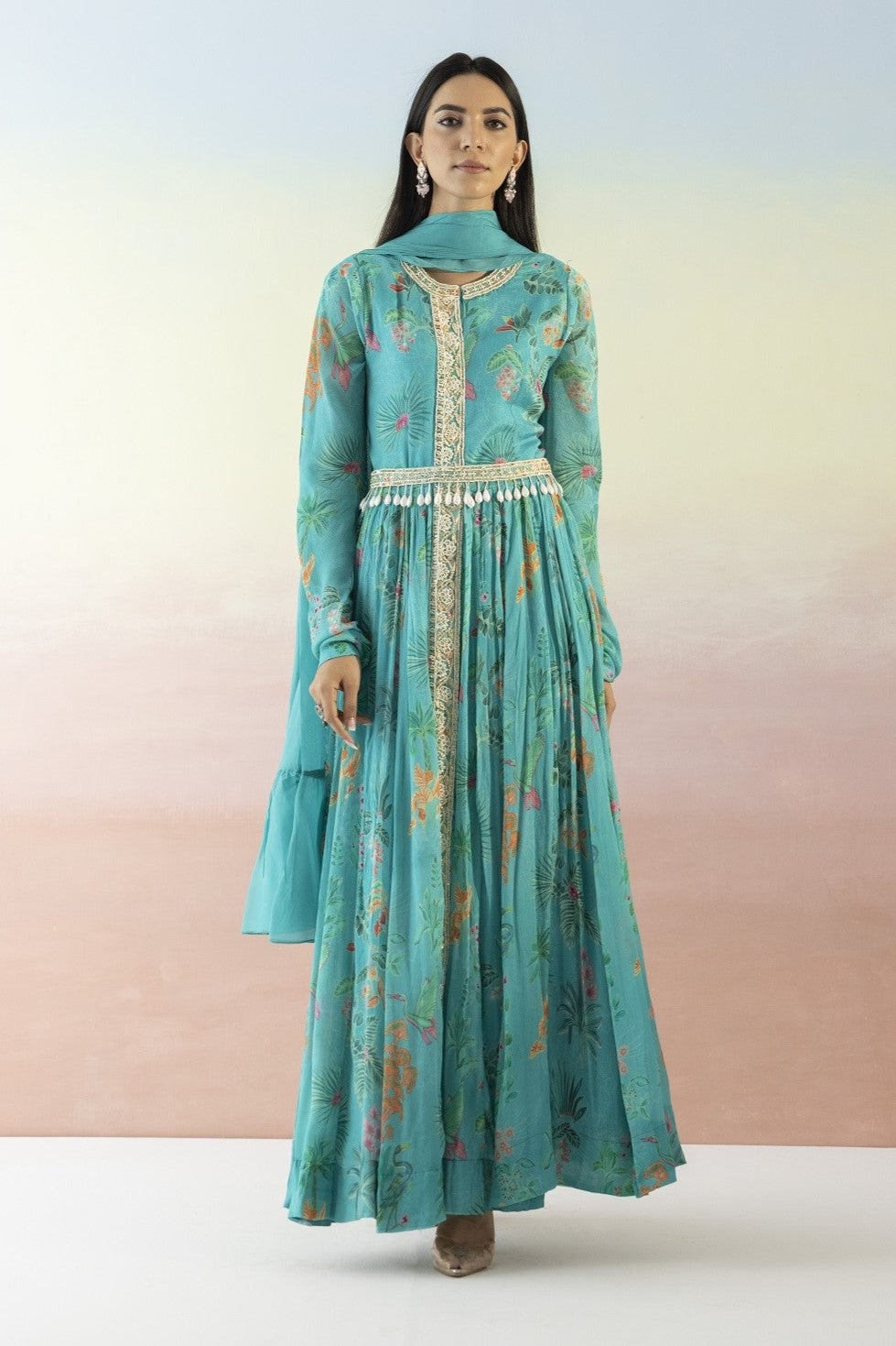 Shop beautiful turquoise blue printed georgette Anarkali online in USA with dupatta. Make a fashion statement on festive occasions and weddings with designer suits, Indian dresses, Anarkali suits, palazzo suits, designer gowns, sharara suits from Pure Elegance Indian fashion store in USA.-full view