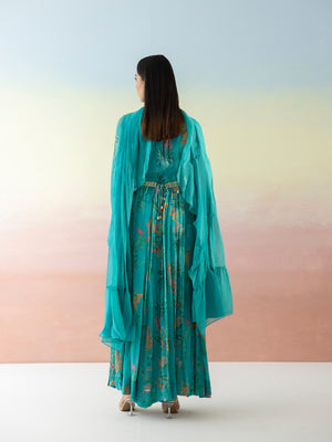 Shop beautiful turquoise blue printed georgette Anarkali online in USA with dupatta. Make a fashion statement on festive occasions and weddings with designer suits, Indian dresses, Anarkali suits, palazzo suits, designer gowns, sharara suits from Pure Elegance Indian fashion store in USA.-back