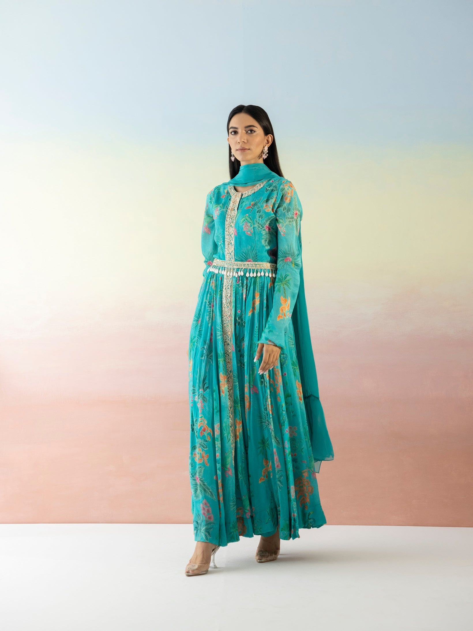 Shop beautiful turquoise blue printed georgette Anarkali online in USA with dupatta. Make a fashion statement on festive occasions and weddings with designer suits, Indian dresses, Anarkali suits, palazzo suits, designer gowns, sharara suits from Pure Elegance Indian fashion store in USA.-side