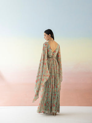 Buy beautiful green floral cape sleeves dress online in USA with embroidered belt. Make a fashion statement on festive occasions and weddings with designer suits, Indian dresses, Anarkali suits, palazzo suits, designer gowns, sharara suits from Pure Elegance Indian fashion store in USA.-back