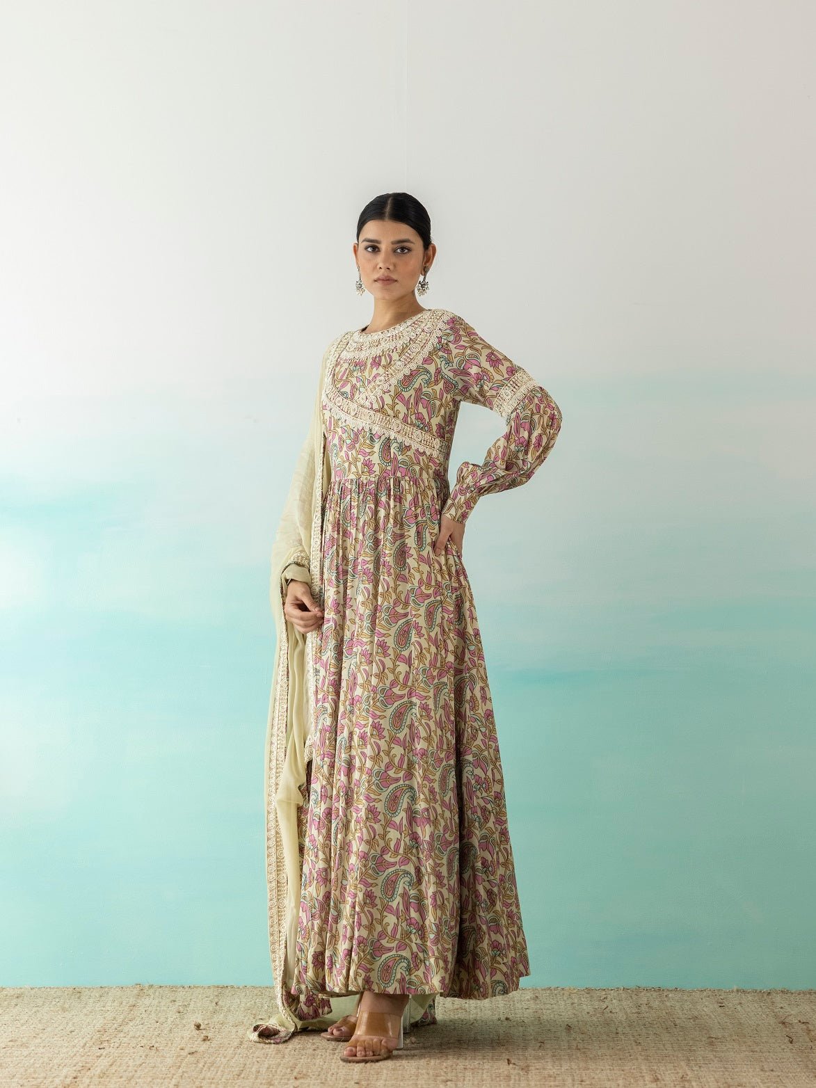 Shop stunning multicolor printed Anarkali online in USA with dupatta. Make a fashion statement on festive occasions and weddings with designer suits, Indian dresses, Anarkali suits, palazzo suits, designer gowns, sharara suits from Pure Elegance Indian fashion store in USA.-side