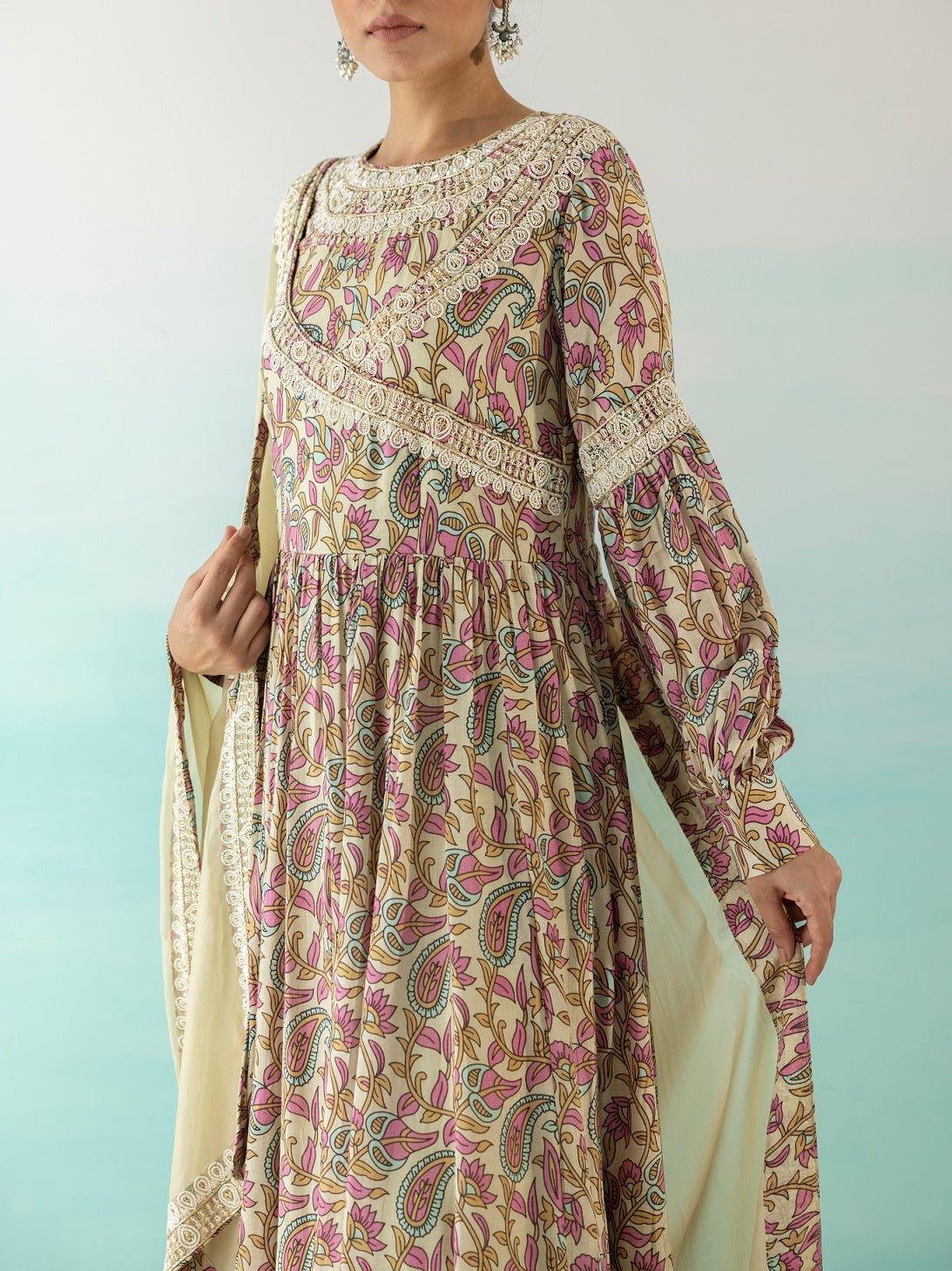 Shop stunning multicolor printed Anarkali online in USA with dupatta. Make a fashion statement on festive occasions and weddings with designer suits, Indian dresses, Anarkali suits, palazzo suits, designer gowns, sharara suits from Pure Elegance Indian fashion store in USA.-sleeves