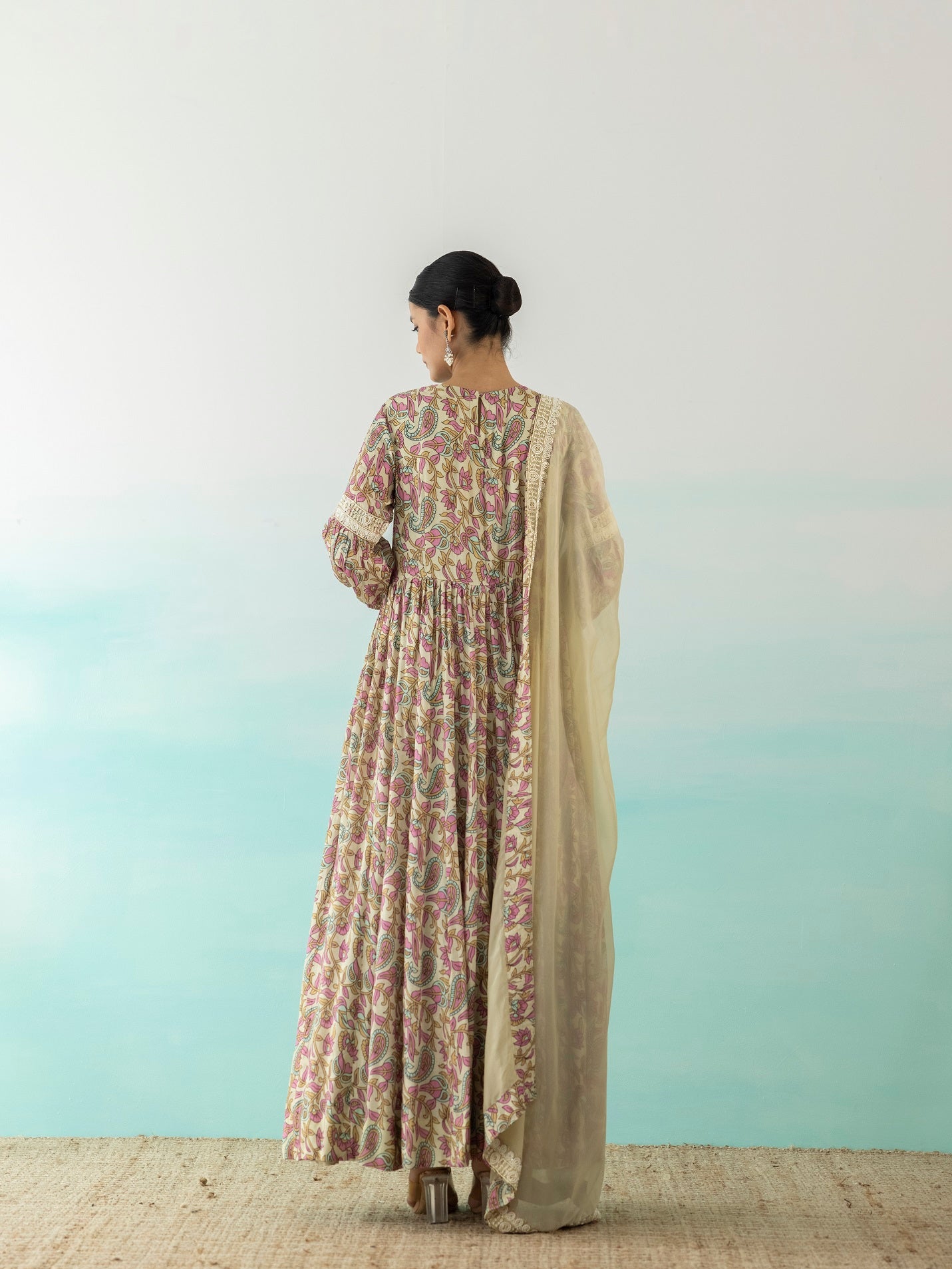 Shop stunning multicolor printed Anarkali online in USA with dupatta. Make a fashion statement on festive occasions and weddings with designer suits, Indian dresses, Anarkali suits, palazzo suits, designer gowns, sharara suits from Pure Elegance Indian fashion store in USA.-back