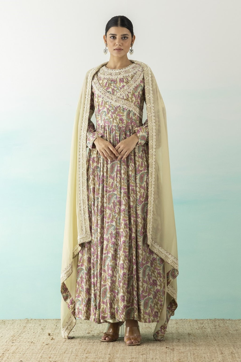 Shop stunning multicolor printed Anarkali online in USA with dupatta. Make a fashion statement on festive occasions and weddings with designer suits, Indian dresses, Anarkali suits, palazzo suits, designer gowns, sharara suits from Pure Elegance Indian fashion store in USA.-full view