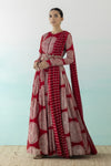 Buy stunning red printed Anarkali suit online in USA with zari dupatta. Make a fashion statement on festive occasions and weddings with designer suits, Indian dresses, Anarkali suits, palazzo suits, designer gowns, sharara suits from Pure Elegance Indian fashion store in USA.-full view