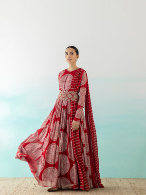 Buy stunning red printed Anarkali suit online in USA with zari dupatta. Make a fashion statement on festive occasions and weddings with designer suits, Indian dresses, Anarkali suits, palazzo suits, designer gowns, sharara suits from Pure Elegance Indian fashion store in USA.-Anarkali