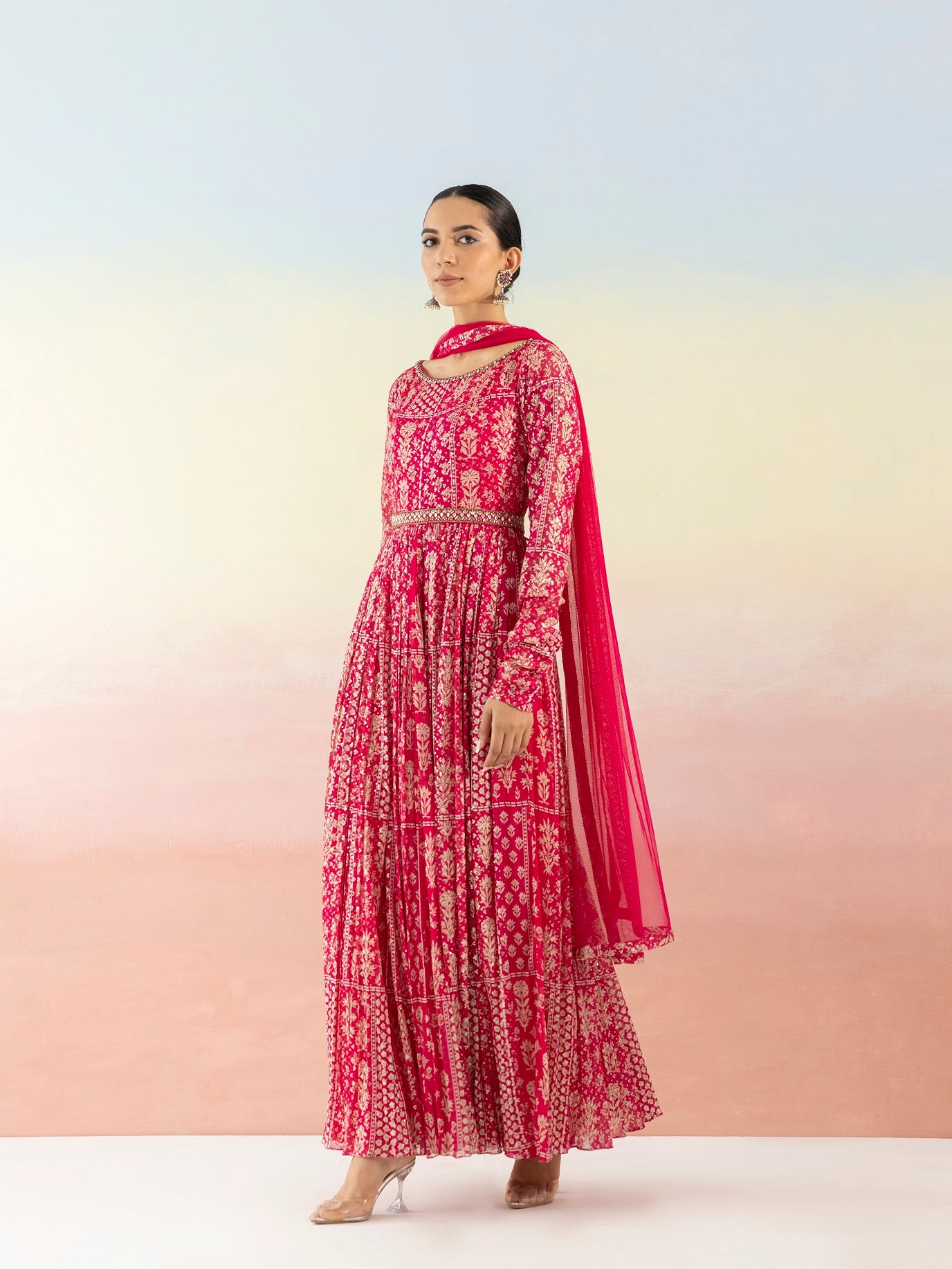 Shop bright pink sequin work georgette Anarkali online in USA with dupatta. Make a fashion statement on festive occasions and weddings with designer suits, Indian dresses, Anarkali suits, palazzo suits, designer gowns, sharara suits from Pure Elegance Indian fashion store in USA.-side