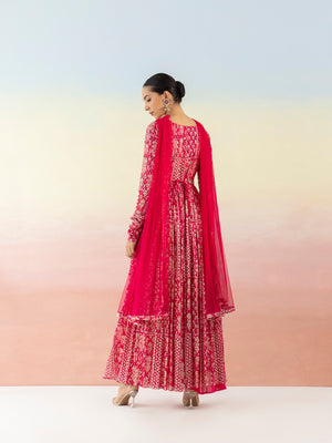 Shop bright pink sequin work georgette Anarkali online in USA with dupatta. Make a fashion statement on festive occasions and weddings with designer suits, Indian dresses, Anarkali suits, palazzo suits, designer gowns, sharara suits from Pure Elegance Indian fashion store in USA.-back