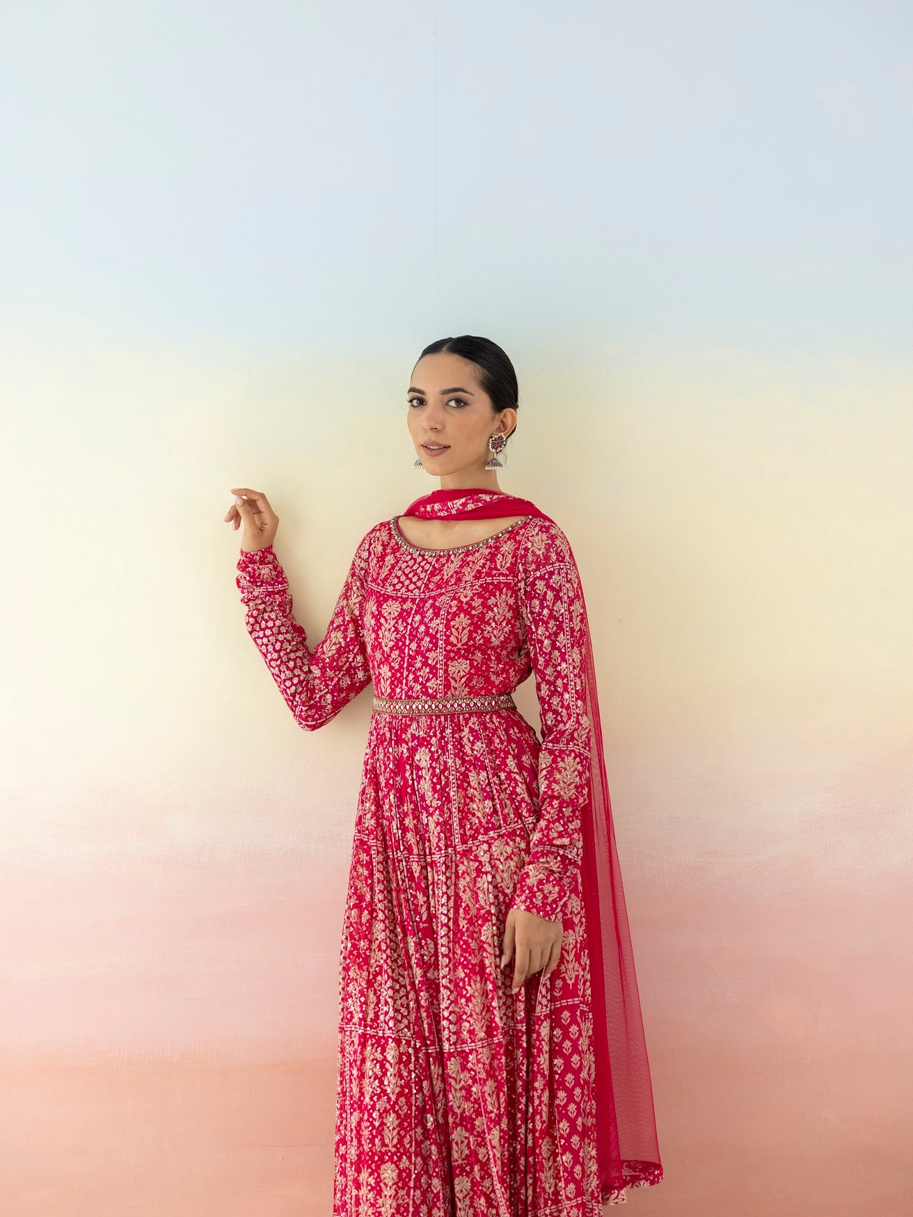 Shop bright pink sequin work georgette Anarkali online in USA with dupatta. Make a fashion statement on festive occasions and weddings with designer suits, Indian dresses, Anarkali suits, palazzo suits, designer gowns, sharara suits from Pure Elegance Indian fashion store in USA.-closeup