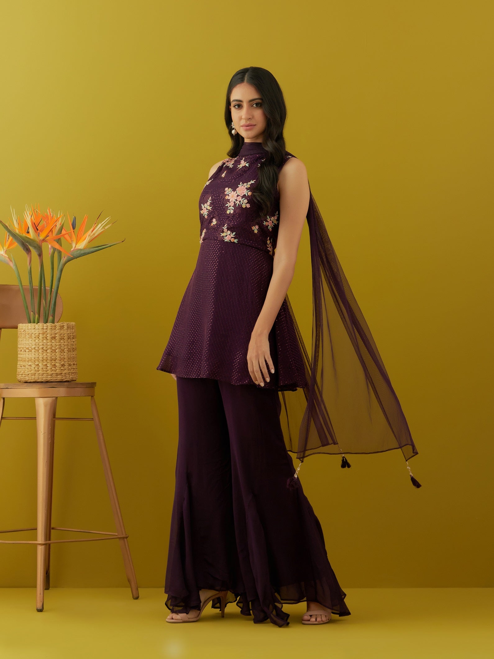 Shop beautiful wine embroidered peplum sharara suit online in USA with dupatta. Dazzle on weddings and special occasions with exquisite Indian designer dresses, sharara suits, Anarkali suits, bridal lehengas, sharara suits from Pure Elegance Indian clothing store in USA.-side