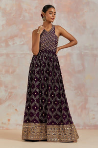 Shop plum mirror and sequin work jumpsuit online in USA. Dazzle on weddings and special occasions with exquisite Indian designer dresses, sharara suits, Anarkali suits, bridal lehengas, sharara suits from Pure Elegance Indian clothing store in USA.-full view