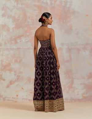 Shop plum mirror and sequin work jumpsuit online in USA. Dazzle on weddings and special occasions with exquisite Indian designer dresses, sharara suits, Anarkali suits, bridal lehengas, sharara suits from Pure Elegance Indian clothing store in USA.-back