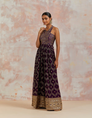 Shop plum mirror and sequin work jumpsuit online in USA. Dazzle on weddings and special occasions with exquisite Indian designer dresses, sharara suits, Anarkali suits, bridal lehengas, sharara suits from Pure Elegance Indian clothing store in USA.-side