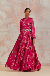 Shop stunning red floral printed modal satin lehenga online in USA. Dazzle on weddings and special occasions with exquisite Indian designer dresses, sharara suits, Anarkali suits, bridal lehengas, sharara suits from Pure Elegance Indian clothing store in USA.-full view
