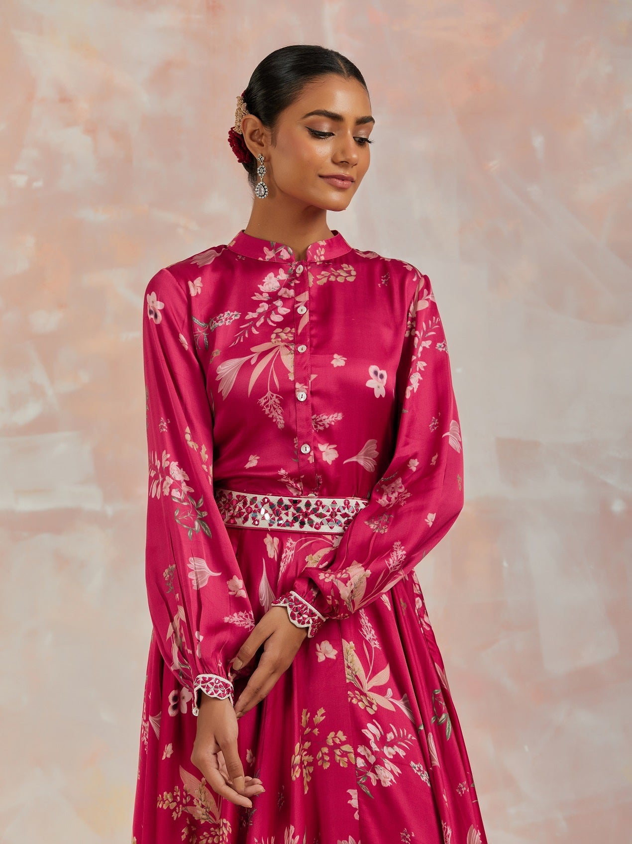 Shop stunning red floral printed modal satin lehenga online in USA. Dazzle on weddings and special occasions with exquisite Indian designer dresses, sharara suits, Anarkali suits, bridal lehengas, sharara suits from Pure Elegance Indian clothing store in USA.-closeup