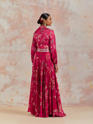 Shop stunning red floral printed modal satin lehenga online in USA. Dazzle on weddings and special occasions with exquisite Indian designer dresses, sharara suits, Anarkali suits, bridal lehengas, sharara suits from Pure Elegance Indian clothing store in USA.-back