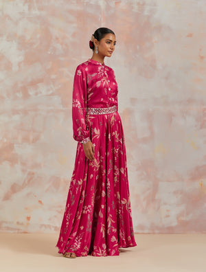 Shop stunning red floral printed modal satin lehenga online in USA. Dazzle on weddings and special occasions with exquisite Indian designer dresses, sharara suits, Anarkali suits, bridal lehengas, sharara suits from Pure Elegance Indian clothing store in USA.-side