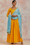 Buy stunning sunflower yellow chinon Anarkali suit online in USA with blue dupatta. Dazzle on weddings and special occasions with exquisite Indian designer dresses, sharara suits, Anarkali suits, bridal lehengas, sharara suits from Pure Elegance Indian clothing store in USA.-full view