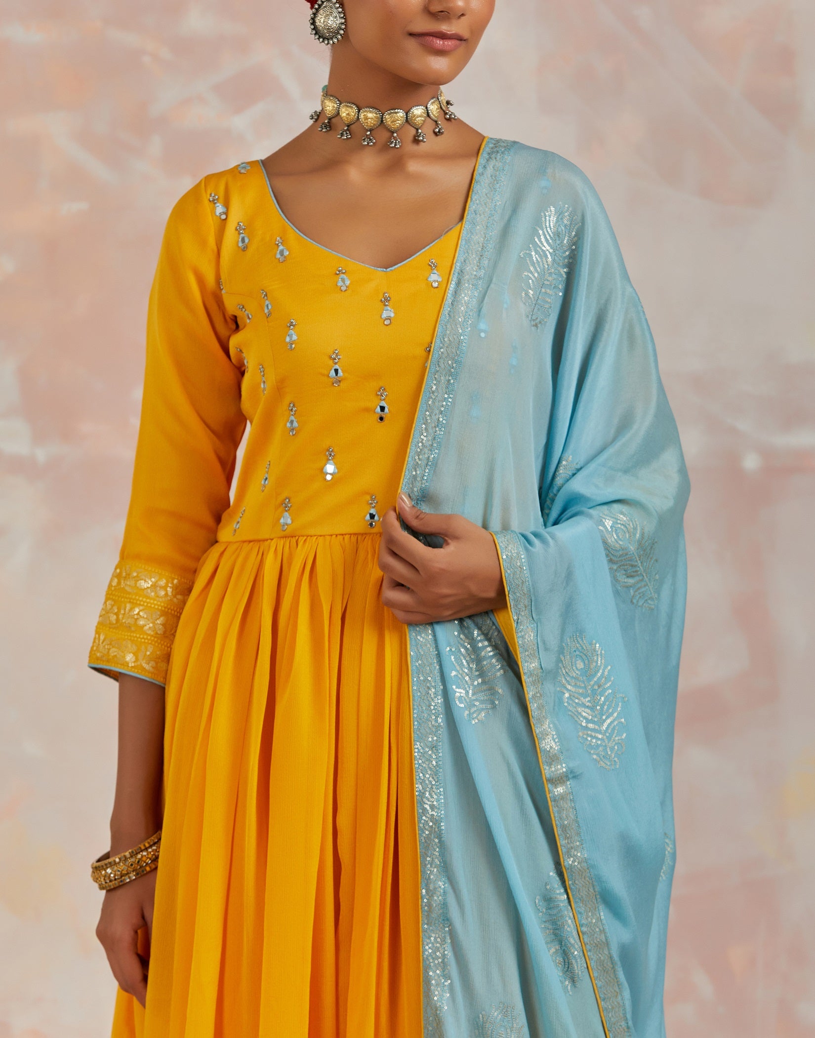 Buy stunning sunflower yellow chinon Anarkali suit online in USA with blue dupatta. Dazzle on weddings and special occasions with exquisite Indian designer dresses, sharara suits, Anarkali suits, bridal lehengas, sharara suits from Pure Elegance Indian clothing store in USA.-closeup