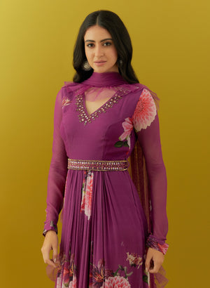 Buy beautiful purple floral georgette Anarkali suit online in USA with dupatta. Dazzle on weddings and special occasions with exquisite Indian designer dresses, sharara suits, Anarkali suits, bridal lehengas, sharara suits from Pure Elegance Indian clothing store in USA.-closeup